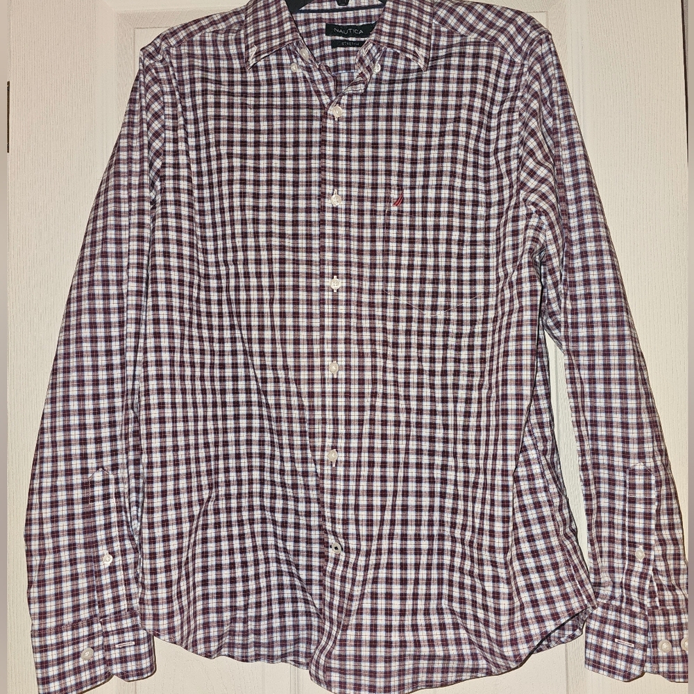 Nautica Men's Plaid Long Sleeve Shirt - Maroon and White Size Large Stretch